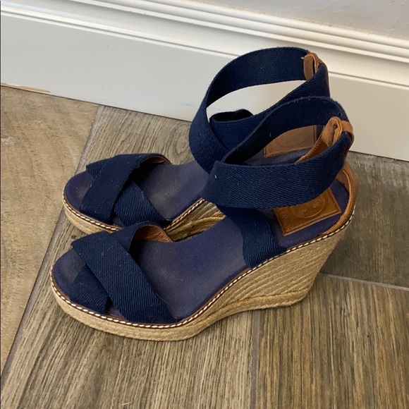 Tory Burch blue espadrille wedge sandals size 7.5B